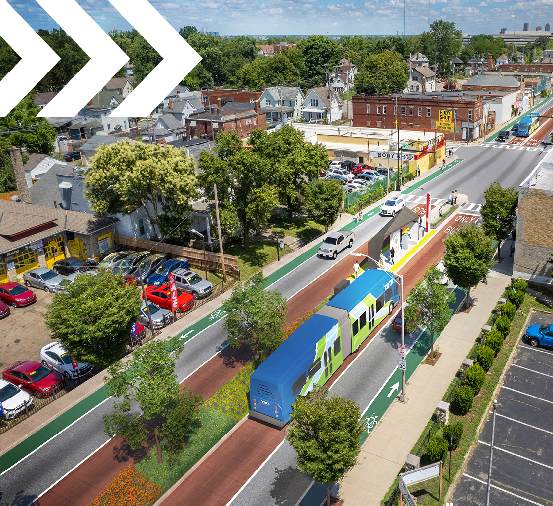 Rendering of the future West Broad Corridor with a bus sitting at the Bus Rapid Transit station.