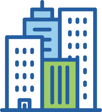 City icon with two white buildings, one blue and one green.