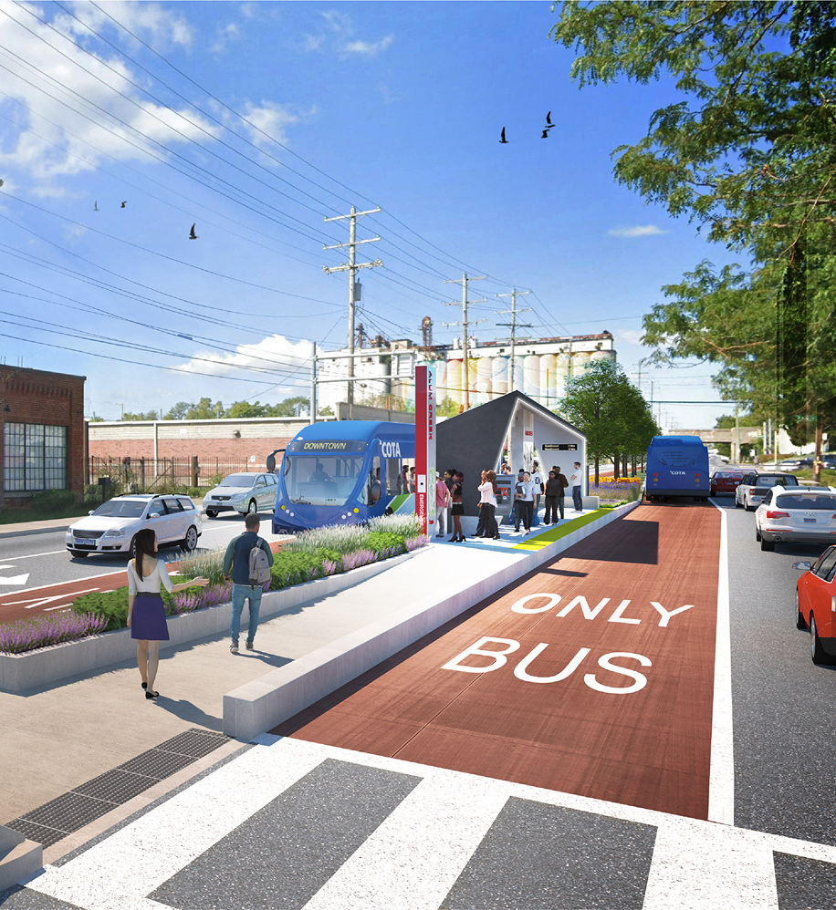 Rendering of the East Main Street Bus Rapid Transit corridor showing a dedicated red bus lane marked 'Bus Only,' a BRT station platform, and pedestrians and cyclists along the street.