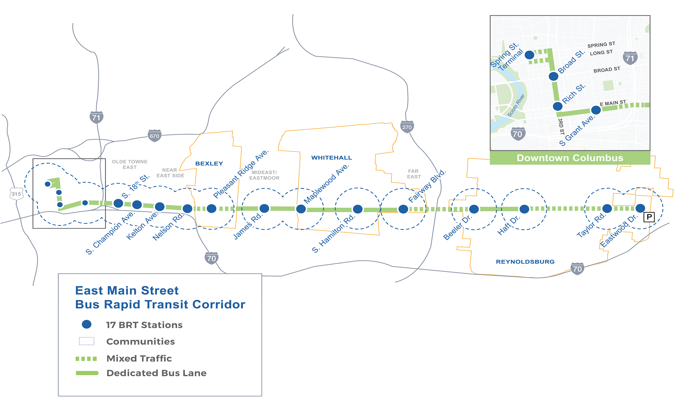 East Main Street bus route that includes multiple neighborhoods like Bexley, Whitehall and Reynoldsburg.