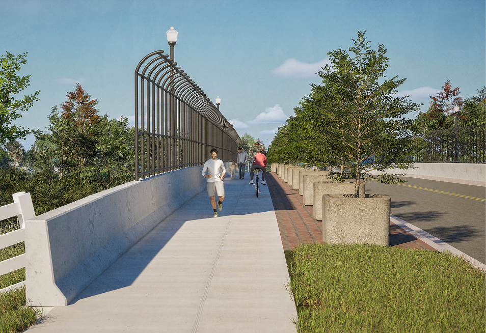 A rendering of a mixed-use pathway over a bridge in Grove City, Ohio